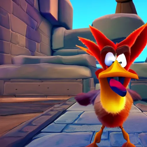 Image similar to screenshot of a cute wacky humanoid goose enemy with a coat in crash bandicoot video game, crash bandicoot 4, playstation 1 era graphics, activision blizzard style, 4 k upscaled graphics