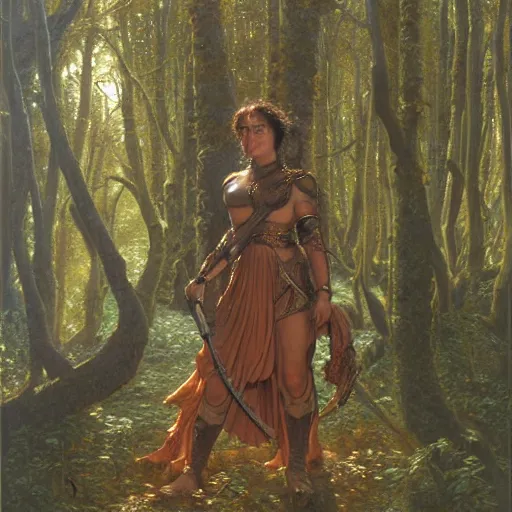 Image similar to a detailed, beautiful oil painting of a warrior woman who looks like keisha castle hughes, wearing intricate, etched copper armor in an ancient forest, by michael whelan, donato giancola, and william adolphe bouguereau