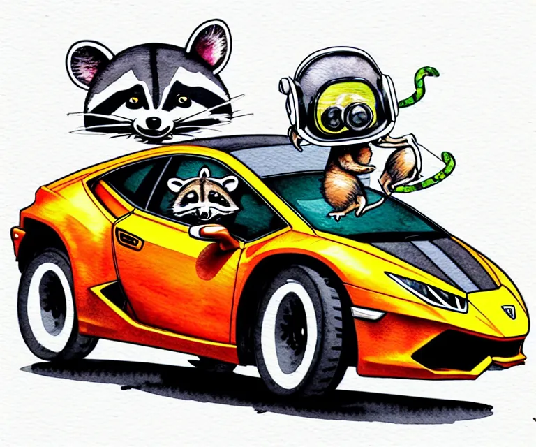 Image similar to cute and funny, racoon wearing a helmet riding in a tiny 2 0 2 0 lamborghini huracan sto, ratfink style by ed roth, centered award winning watercolor pen illustration, isometric illustration by chihiro iwasaki, edited by range murata