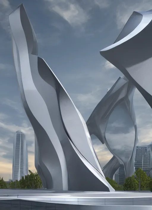 Image similar to highly detailed architecture render of a huge high futuristic metallic stele sculpture in the style of zaha hadid standing in city park, archdaily, made in unreal engine 4