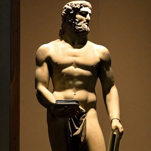 Image similar to Ancient Greek statue of Zeus looking angrily at his iPhone