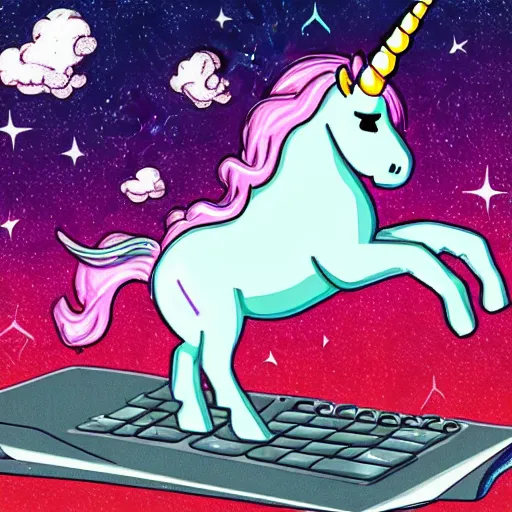 Image similar to a unicorn hacking a computer, digital art