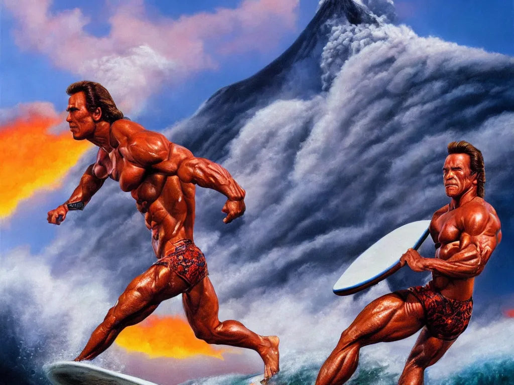 Image similar to detailed portrait of an arnold schwarzenegger surfing on lava by boris vallejo, volcano eruption on the background, stunning scene, 8 k, digital painting, hyperrealism, bright colors, trending on artstation