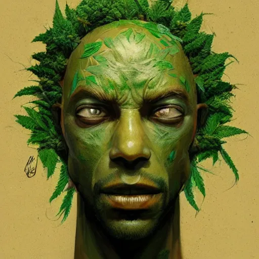 Image similar to a man made of hemp, with a head in the form of a cannabis bloom, man like smurf, green skin, character, art by james jean and greg rutkowski!!, realistic face, digital art,, golden ratio, perfect composition, trending on artstation, 8 k