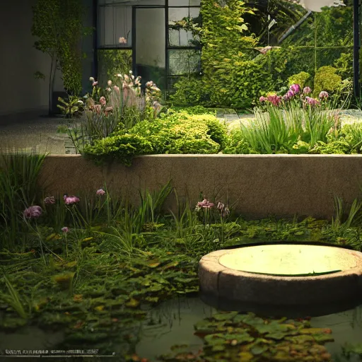 Image similar to a garden with a small pond inside an empty room, atmospheric lighting, octane render, unreal engine, 8 k