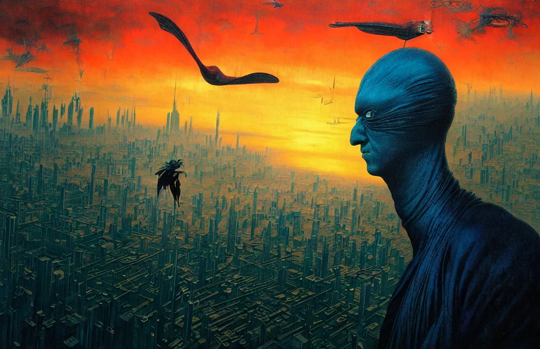 Prompt: realistic detailed portrait movie shot of a birdman flying in dark ragged robes, futuristic city sunset landscape background by denis villeneuve, amano, yves tanguy, alphonse mucha, ernst haeckel, max ernst, wayne barlowe, masterpiece, rich moody colours, bird head, blue eyes, hyperdetailed