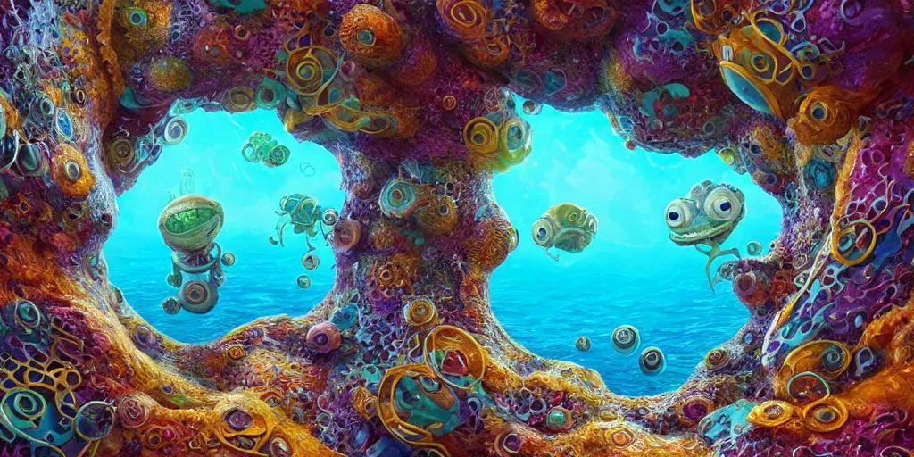 Image similar to of an intricate sea reef with strange cute friendly happy creatures with huge eyes, mouth, long tongue, round teeth and goofy face, appearing from the background, in the style of gehry and gaudi, macro lens, shallow depth of field, ultra detailed, digital painting, trending artstation, concept art, illustration, cinematic lighting, photorealism, epic, octane render