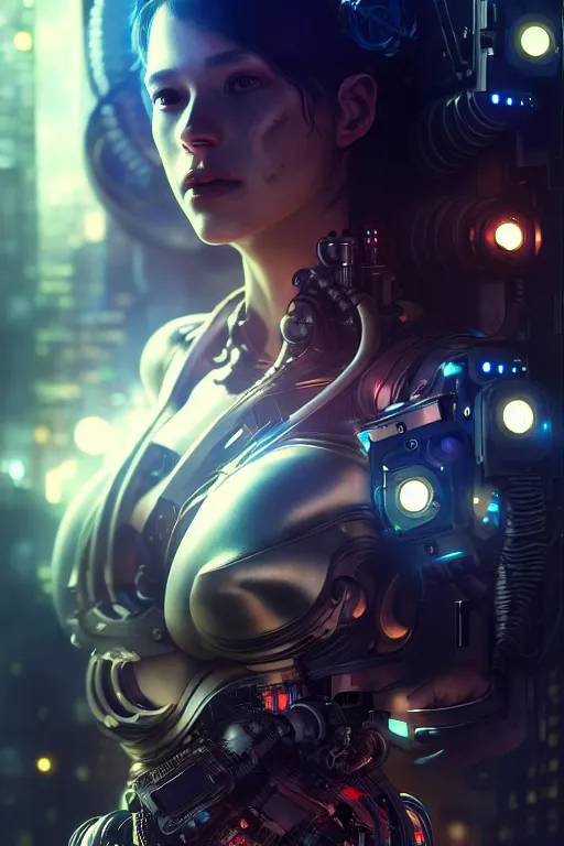 Image similar to ultra realistic, beautiful female cyborg in a crowded smoky cyberpunk club in space megalopolis, sci - fi, intricate details, eerie, highly detailed, octane render, 8 k, art by artgerm and alphonse mucha and greg rutkowski