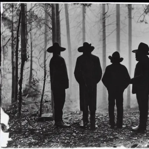 Image similar to a photo of in the dark in the forrest. 4 tall men with long pointed hats stand surrounding a small fire in a circular hole. a frightened boy is watching from the shadows.