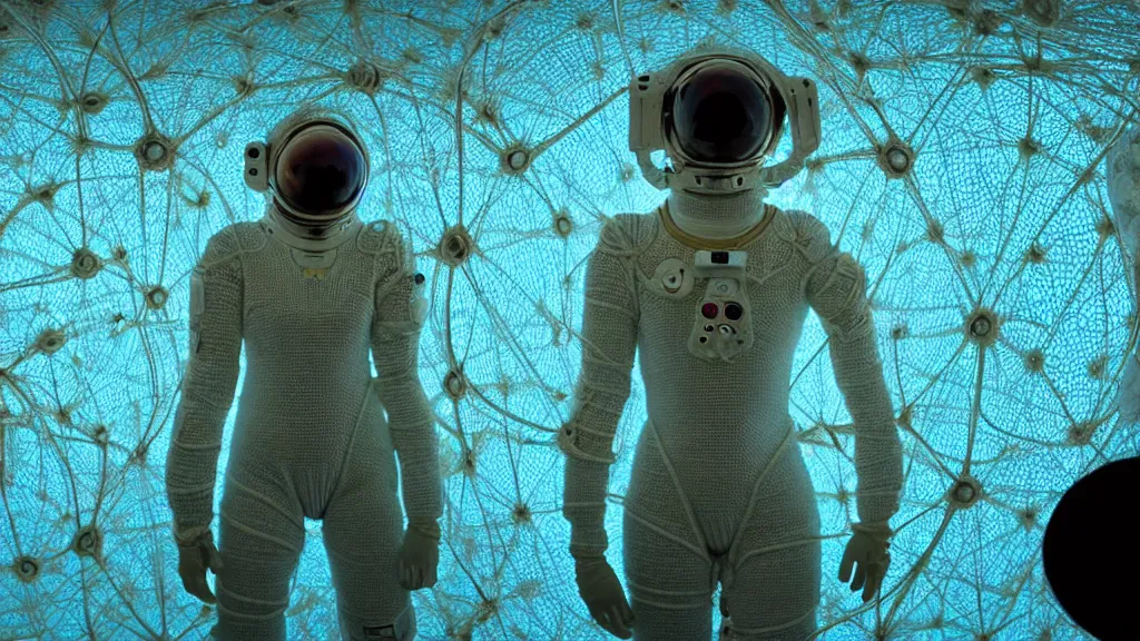 Image similar to a cybernetic symbiosis of a single astronaut eva suit made of pearlescent wearing knitted yarn thread infected with diamond 3d fractal lace iridescent bubble 3d skin covered with stalks of insectoid compound eye camera lenses floats through the living room, film still from the movie directed by Denis Villeneuve with art direction by Salvador Dalí, wide lens,