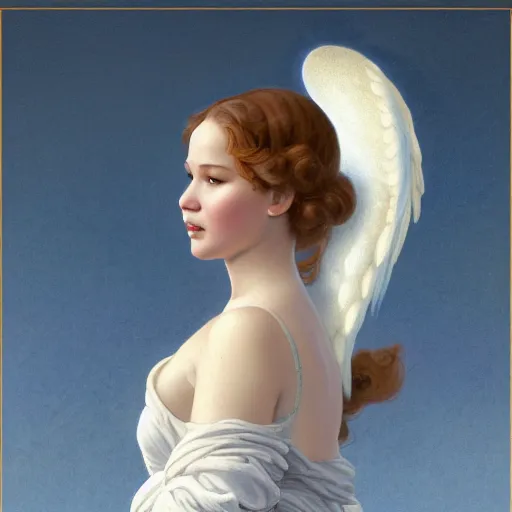 Prompt: Jennifer Lawrence as angel, medieval art, medium shot, intricate, elegant, highly detailed, digital painting, volumetric light, artstation, concept art, smooth, sharp focus, illustration, art by Gil Elvgren and Greg Rutkowski and Alphonse Mucha, 8K