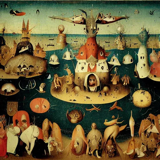 Prompt: absolute void filled with fish people flying and eating frogs, by hieronymus bosch