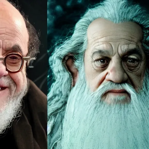 Image similar to danny devito starring as gandalf the white in the 2 0 2 4 lord of the rings movie, full body, hyper realistic, high quality, wide angle