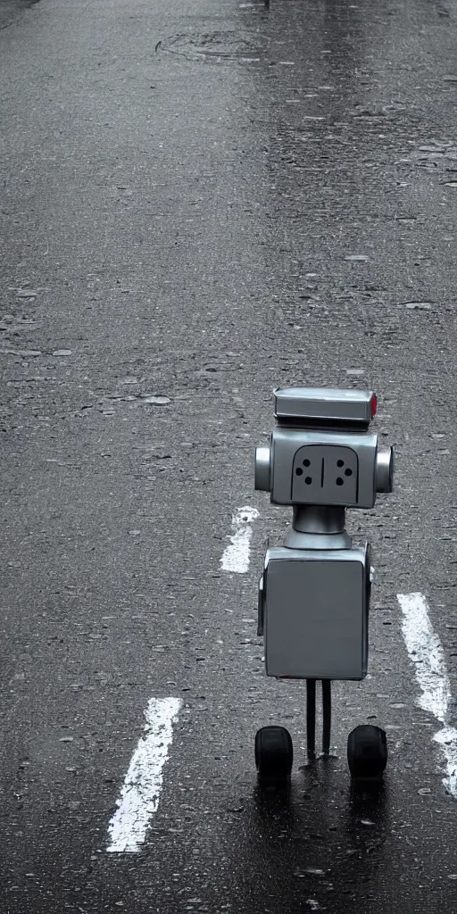 Prompt: robot on the road, city, photo, rain, rain, rain,