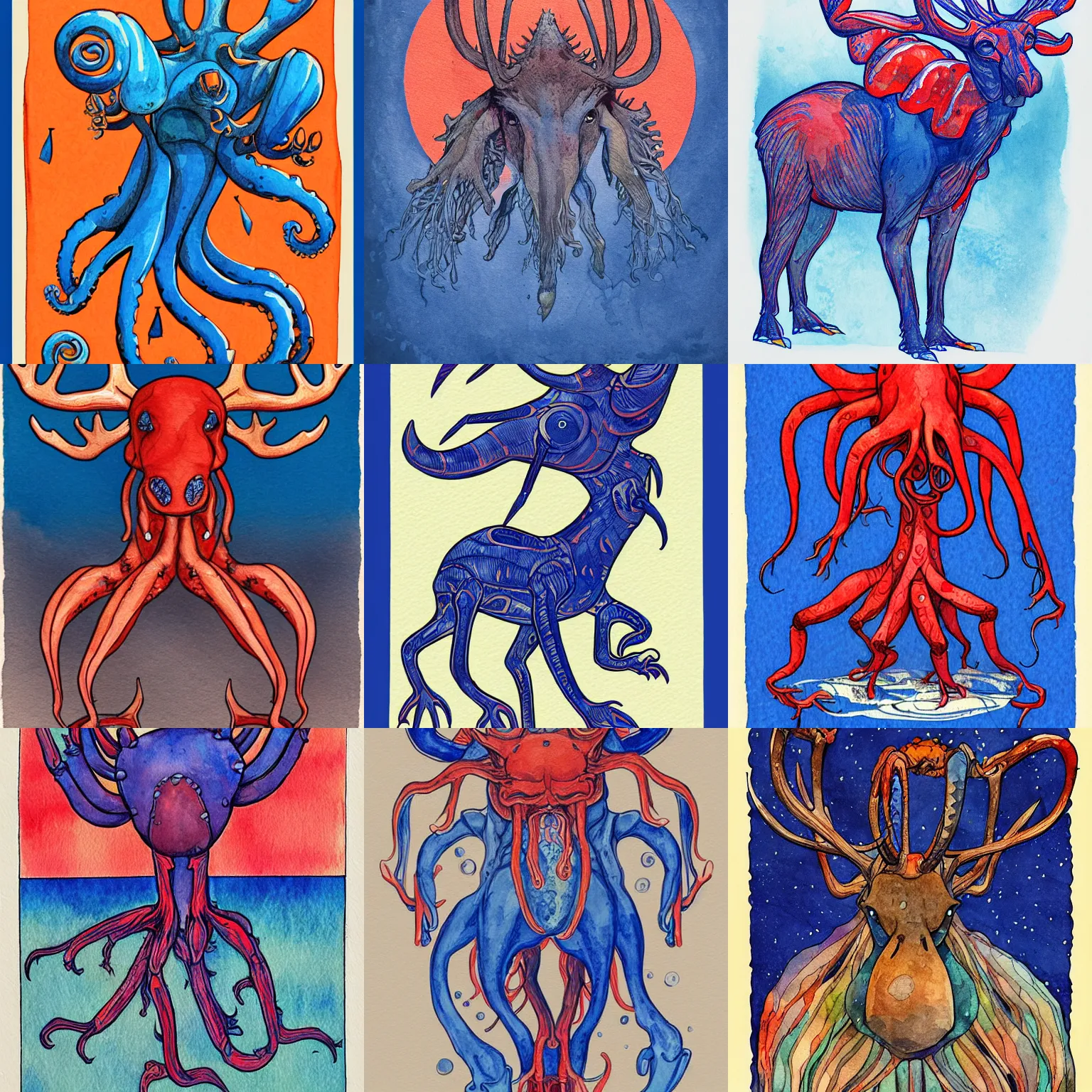 Prompt: octopod turkey - moose creature with four arms and long neck, arms growing from chest, pinchers | romanticist, art nouveau illustration, figurative art, loose linework, watercolor wash over inks, cadmium red, cobalt blue, payne's grey, luminism