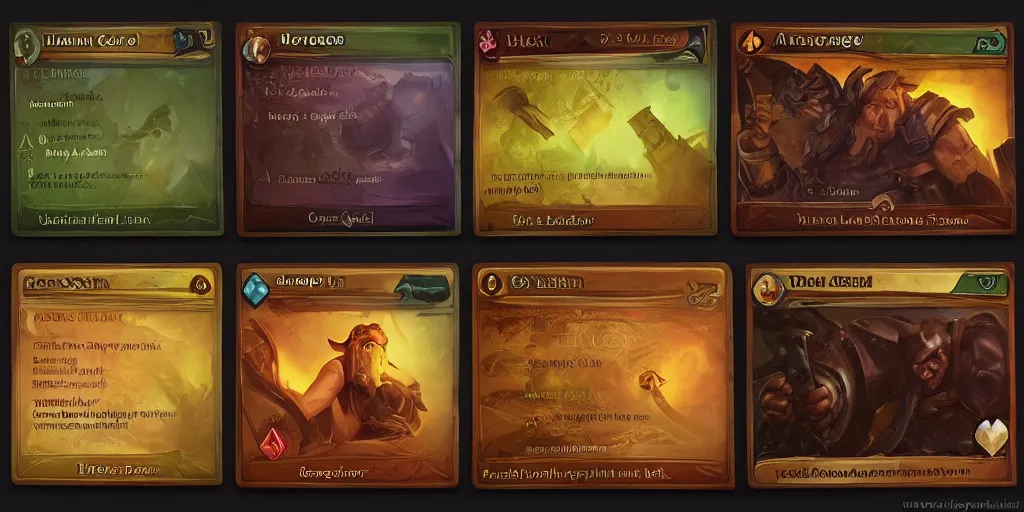 Prompt: 3 new HD custom cards template by Magic gathering, Artifact, hearthstone, tabletop, icons, status icons, card, GUI, TCG, ArtStation, CGSociety,