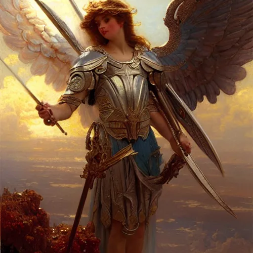 Image similar to saint michael the angel, guarding the world from evil. highly detailed painting by gaston bussiere, greg rutkowski 8 k