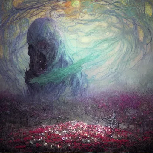 Image similar to a beautiful terrifying monster made of flowers. ethereal horror fantasy art by monet and greg rutkowski