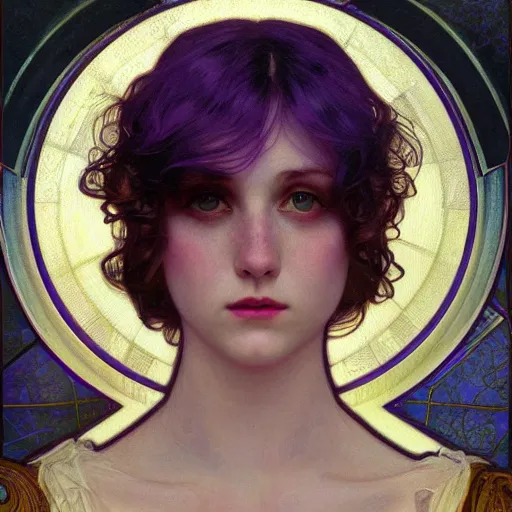 Image similar to purple, character portrait of purple energy, by waterhouse, by mucha, lean face, symmetrical face, face symmetry, cinematic lighting, beautiful, elegant, oil painting, cinematic, portrait, raphaelite, trending on artstation, intricate background