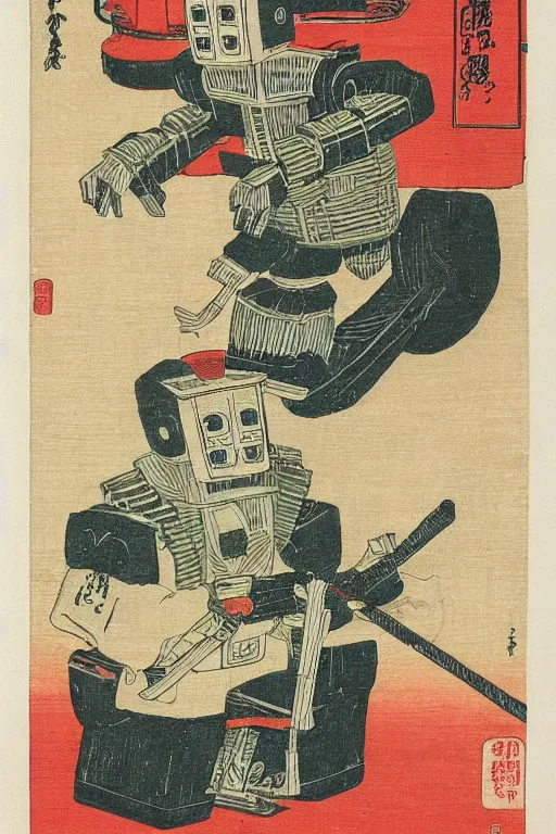 Prompt: Japanese woodblock print of robot gardener