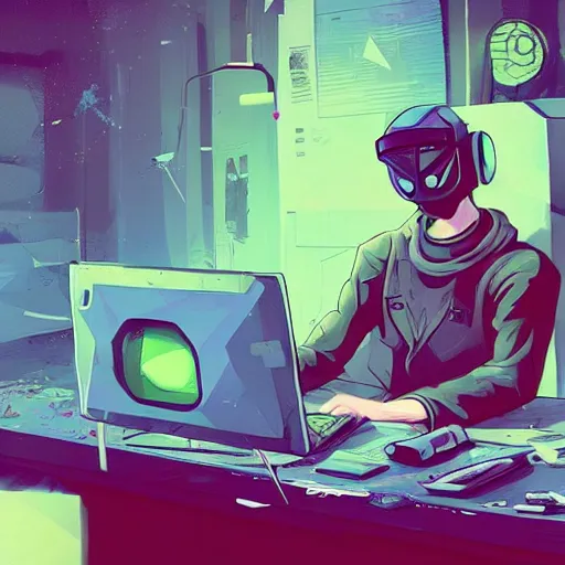 Image similar to a man sitting at a computer in a messy cluttered room, cyberpunk art by Victor Mosquera, Anton Fadeev, omineAdrian theCHAMBA, behance contest winner, pixiv contest winner, tumblr contest winner, panfuturism, deconstructivism, parallax, https://i.ibb.co/Wz2Fw91/sebastian-szmyd-vhs-cyberpunk-2.jpg