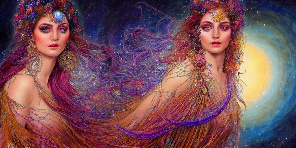 Image similar to full view portrait of an ethereal gypsy woman with detailed eyes, glowing face, floating in space with a half moon, photorealistic, colorful dress, in the style of karol bak and gaston bussiere, holographic undertones, art nouveau galaxy background, intricate, flowing dress, smooth, sharp focus, dramatic lighting, illustration, hdr, artgerm