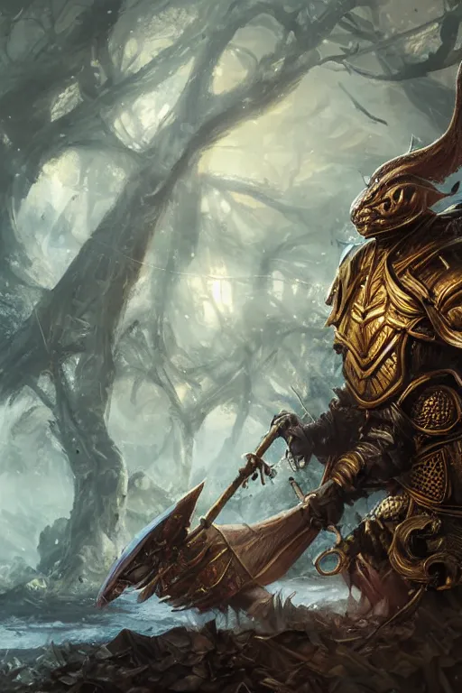 Image similar to Huge fishheaded warrior in armor, portrait, woodlands, magic the gathering artwork, D&D, fantasy, cinematic lighting, centered, symmetrical, highly detailed, digital painting, artstation, concept art, smooth, sharp focus, illustration, volumetric lighting, epic Composition, 8k, art by Akihiko Yoshida and Greg Rutkowski and Craig Mullins, oil painting, cgsociety