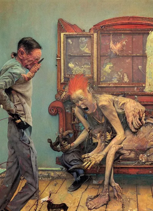 Prompt: realistic detailed image of an old dead couple at a zoo in the style of Francis Bacon, Surreal, Norman Rockwell and James Jean, Greg Hildebrandt, and Mark Brooks, triadic color scheme, By Greg Rutkowski, in the style of Francis Bacon and Syd Mead and Edward Hopper and Norman Rockwell and Beksinski, open ceiling, highly detailed, painted by Francis Bacon, painted by James Gilleard, surrealism, airbrush, Ilya Kuvshinov, WLOP, Stanley Artgerm, very coherent, art by Takato Yamamoto and James Jean