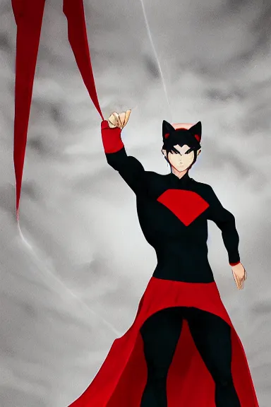 Image similar to little boy with cat ears in an black outfit with red cape. digital artwork made by lois van baarle and james jean and marc simonetti, sharpness focus, inspired by hirohiko araki, anatomically correct, heroic composition, hero pose, smooth