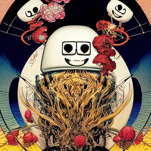 Image similar to portrait of crazy marshmello, symmetrical, by yoichi hatakenaka, masamune shirow, josan gonzales and dan mumford, ayami kojima, takato yamamoto, barclay shaw, karol bak, yukito kishiro