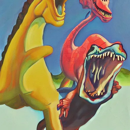 Prompt: postmodern painting of mrs doubtfire riding a dinosaur