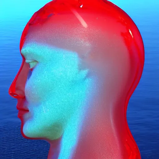 Image similar to a giant human head sculpture in the sea made out of juicy and transparent red jelly, long shot, hyper detailed, hyper realistic, ray tracing, 8 k resolution, sharp focus, realistic water, award winning