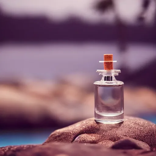 Image similar to perfume bottle sitting on a pile of rocks in the middle of a blue lake, close up shot, upfront, surrounded by tropical leaves, blurred tropical background, softly - lit, soft - warm, zen, light, modern minimalist f 2 0 clean