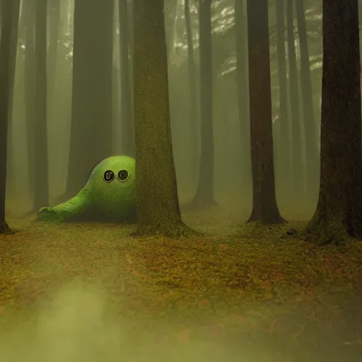 Image similar to found footage of a monster in the woods, atmospheric fog