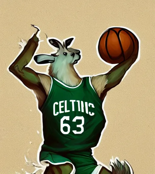 Prompt: photo of photorealistic anthropomorphic llama playing basketball in celtics outfit, playing in a nba court, crewson photography, dnd character art portrait, deviantart artstation, by jason felix by steve argyle by tyler jacobson by peter mohrbacher, cinematic lighting