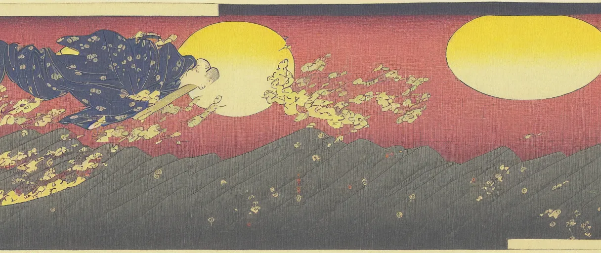 Image similar to a Ninja secretly jumping from one rooftop to another at night, purple sky, yellow moon, highly detailed ukiyoe by Utagawa Hiroshige