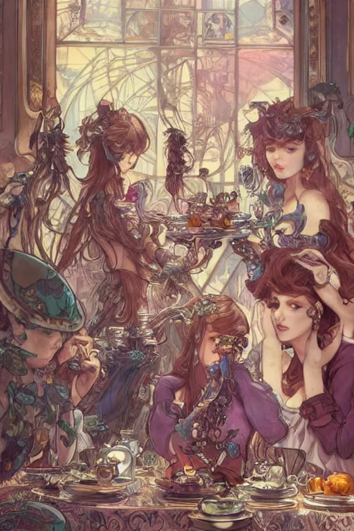 Prompt: Mechas having a tea party, cute, fantasy, intricate, elegant, highly detailed, digital painting, 4k, HDR, concept art, smooth, sharp focus, illustration, art by artgerm and H R Giger and alphonse mucha