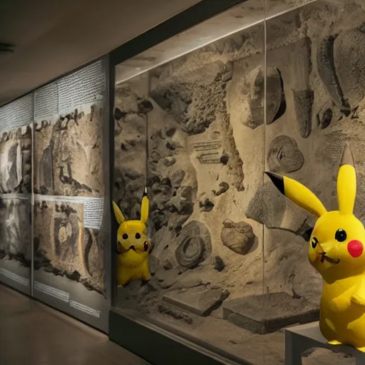 Image similar to Photograph of a full Pikachu archeology fossils, museum, light exposition