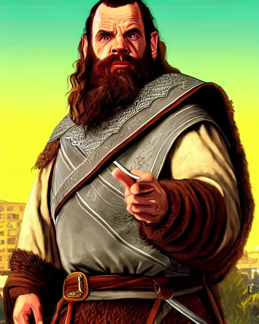 Image similar to Gimli from Lord of the rings in GTA V, Cover art by Stephen Bliss, boxart, loading screen, 8K resolution