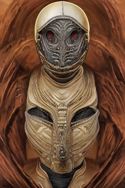 Prompt: portrait of sardaukar warior biomechanical desert mask exoskeleton hybrid, in style of Frank Herbert\'s Dune, in style of Midjourney, insanely detailed and intricate, golden ratio, elegant, ornate, horror, elite, ominous, haunting, matte painting, cinematic, cgsociety, H.R. Giger, James jean, Noah Bradley, Darius Zawadzki, Zdizslaw Beksinski, vivid and vibrant