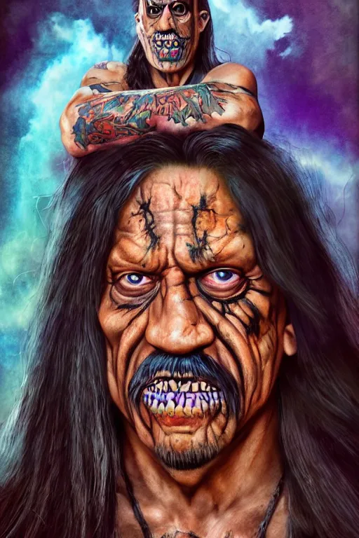 Image similar to danny trejo, full body, big two toned eyes, halloween, unicorns, intricate details, cinematic, epic, realistic, anatomy, lisa frank, uplight, artstation, photorealistic, scary