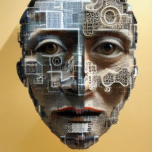 Prompt: artificial intelligence face being built piece by piece, almost done, epic, breathtaking, intricate details, in the style of salvador dali, leonardo da vinci