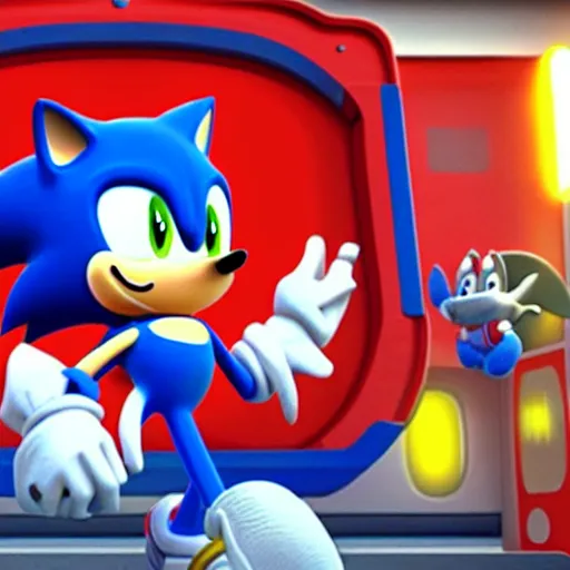 Prompt: sonic the hedgehog in paw patrol