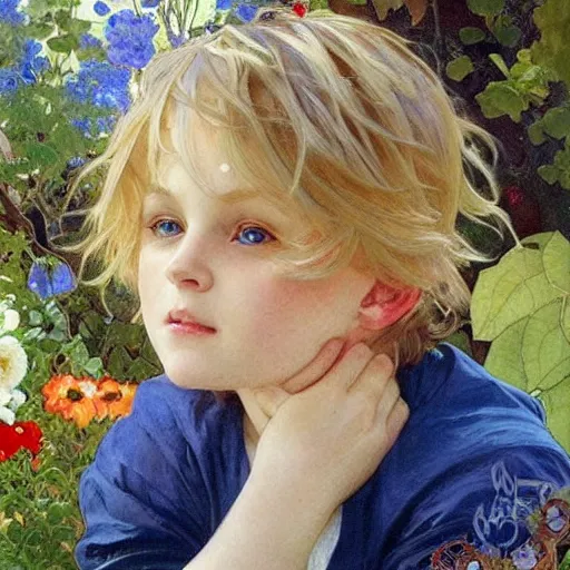 Prompt: a cute seven year old boy with short tousled blonde hair and blue eyes in a lovely garden, beautiful painting by artgerm and greg rutkowski and alphonse mucha, highly detailed face