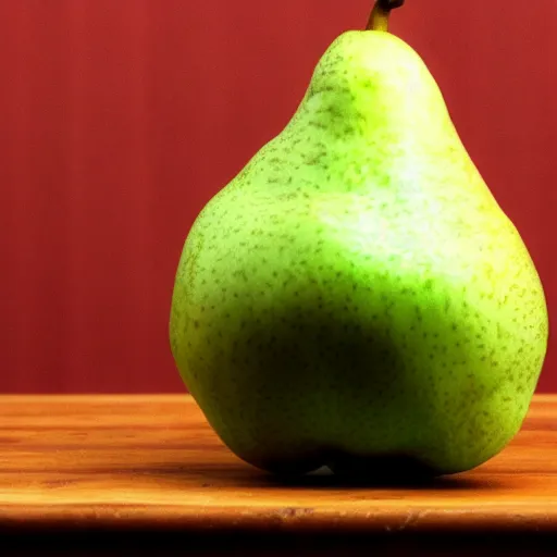 Image similar to a pear sitting on the counter top that is a symbol of capitalism rotting society from the inside out