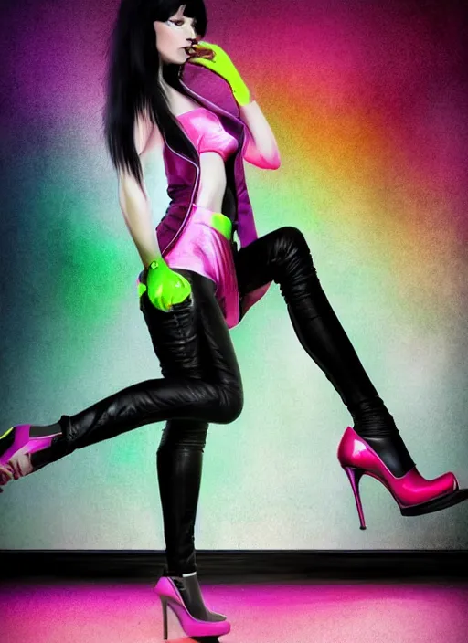 Image similar to a photo of 8 k ultra realistic a black haired female in high heels and a black leather jacket, pink, purple, green, yelow, red, blue, white neon, art by lise deharme