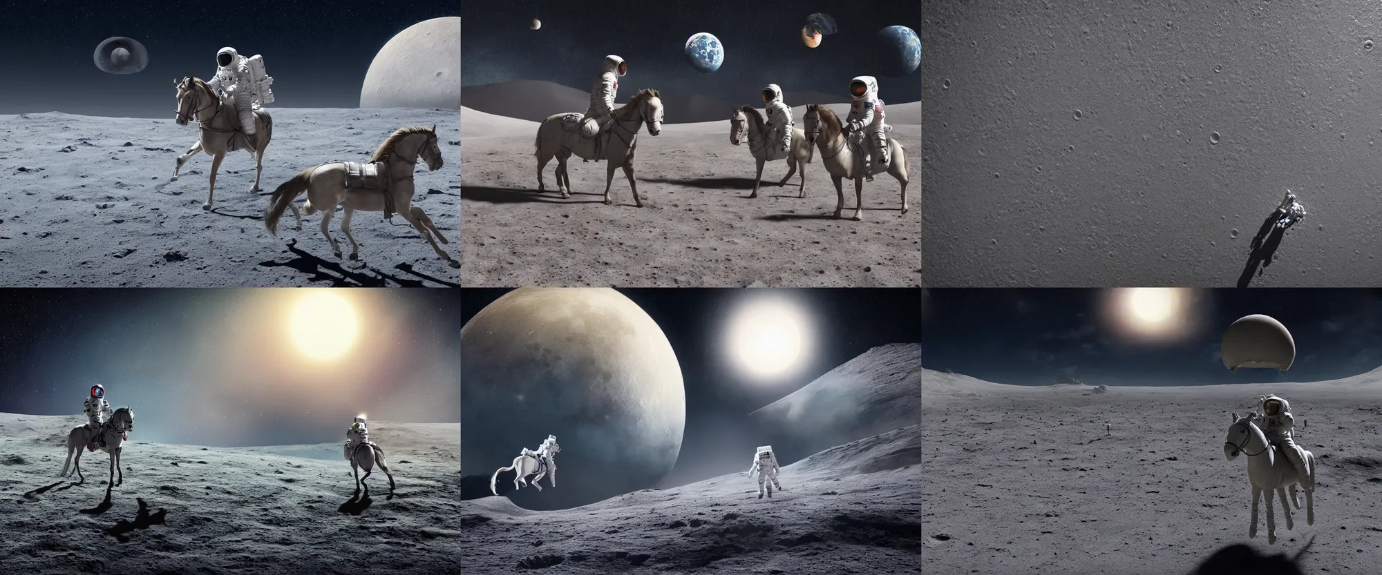 Prompt: a high quality 3D render of an astronaut riding a horse on the surface of the moon, starry dark sky background, 4K, hyperrealism, Unreal Engine, octane render