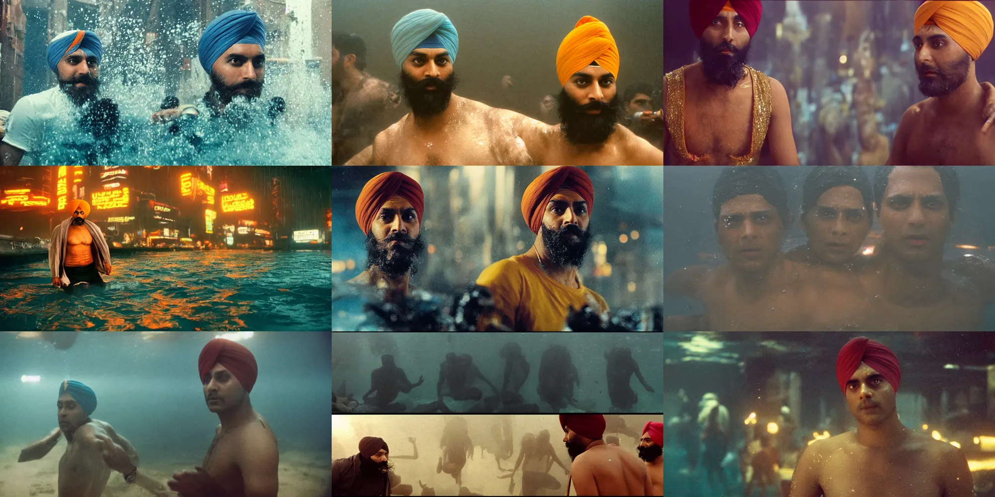 Prompt: Kodak portra 160, 4K: famous indian sikh in low budget blade runner movie remake, underwater scene