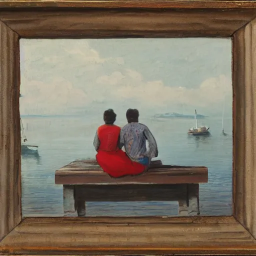 Prompt: couple sitting on the dock of the bay, bordali ii