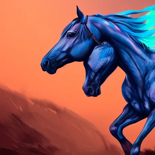 Image similar to horseman without head on top of horse with wings, colorful of blue color concept art, trending on artstation, highly detailed, intricate, sharp focus, digital art, 8 k